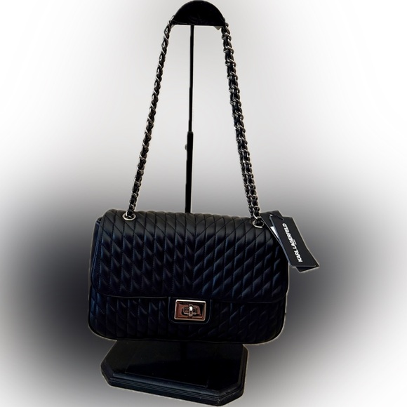 Karl Lagerfeld Black Quilted Lamb Leather Shoulder Bag - Picture 8 of 16